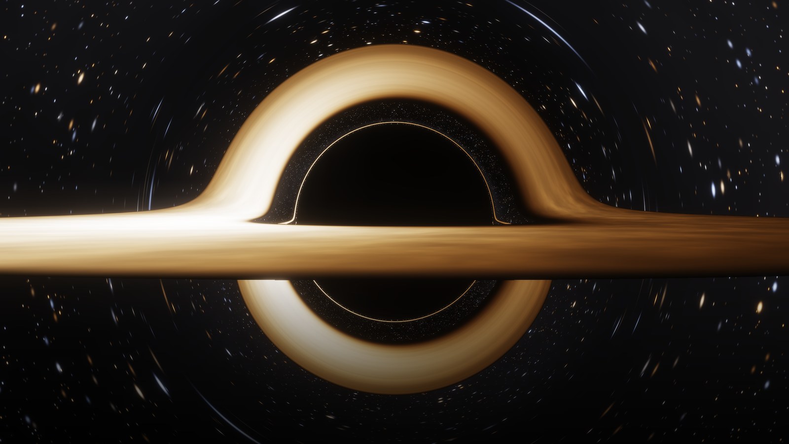 Ray-traced black hole seen from just above its accretion disk: the far side of the disk appears as an arc above and below the dark center, which is surrounded by a thin bright ring