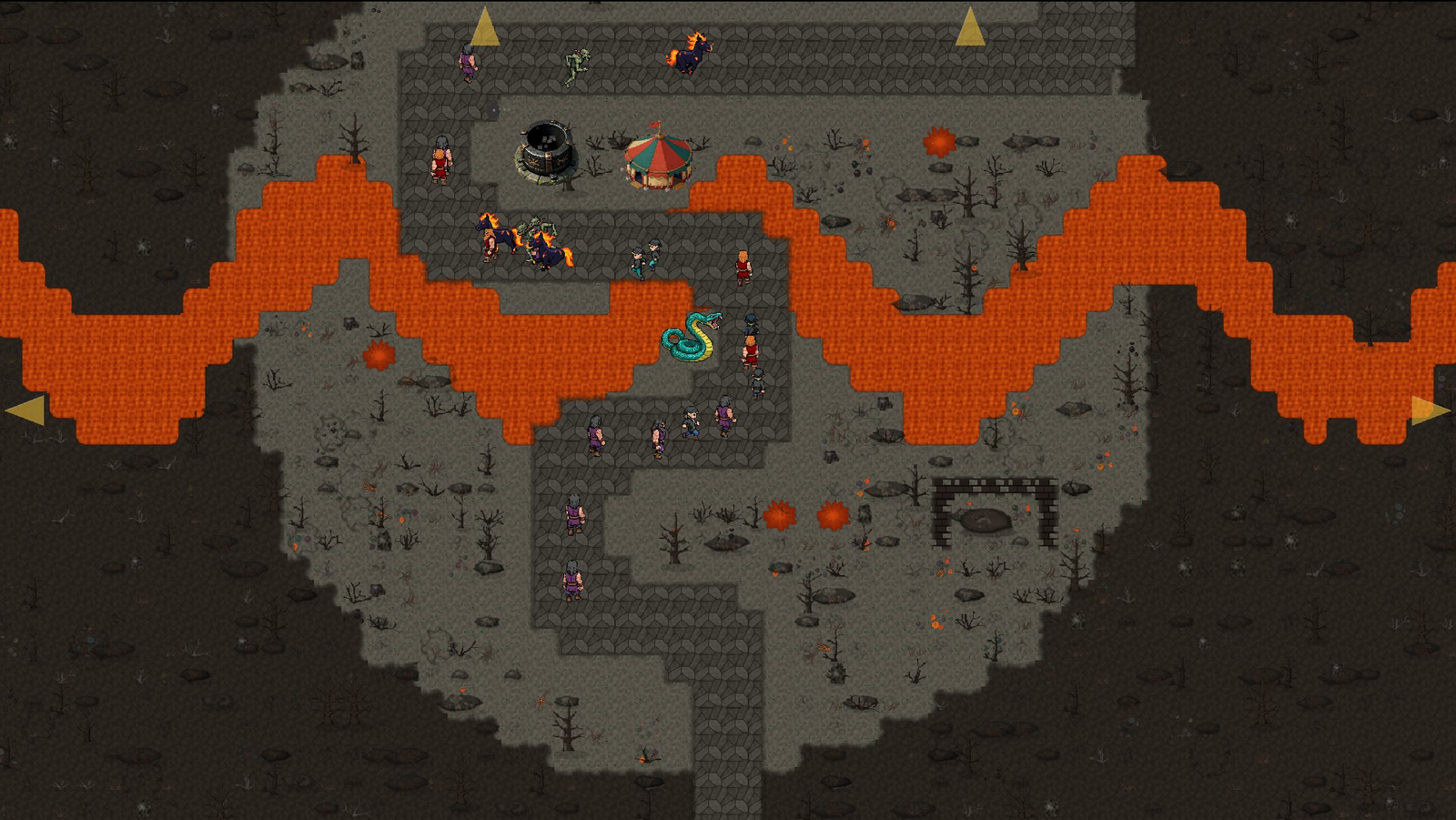 Gameplay screenshot of a dense switchback path threading through a volcanic caldera