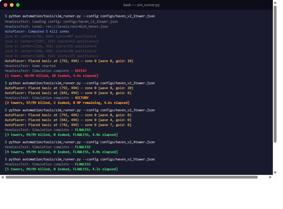 Terminal output showing 6 headless simulations completing in 27 seconds