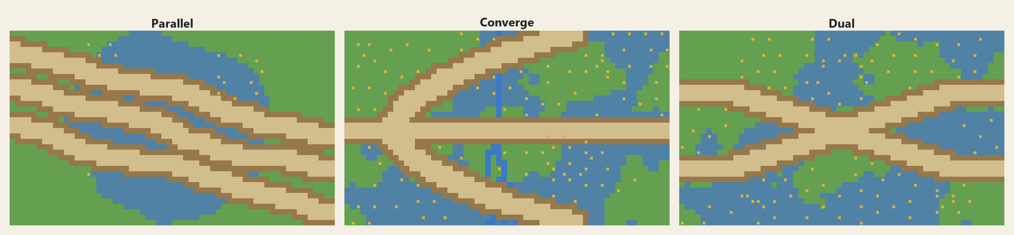 Side-by-side TiGen previews of parallel lanes, converging tributaries, and a dual-path layout
