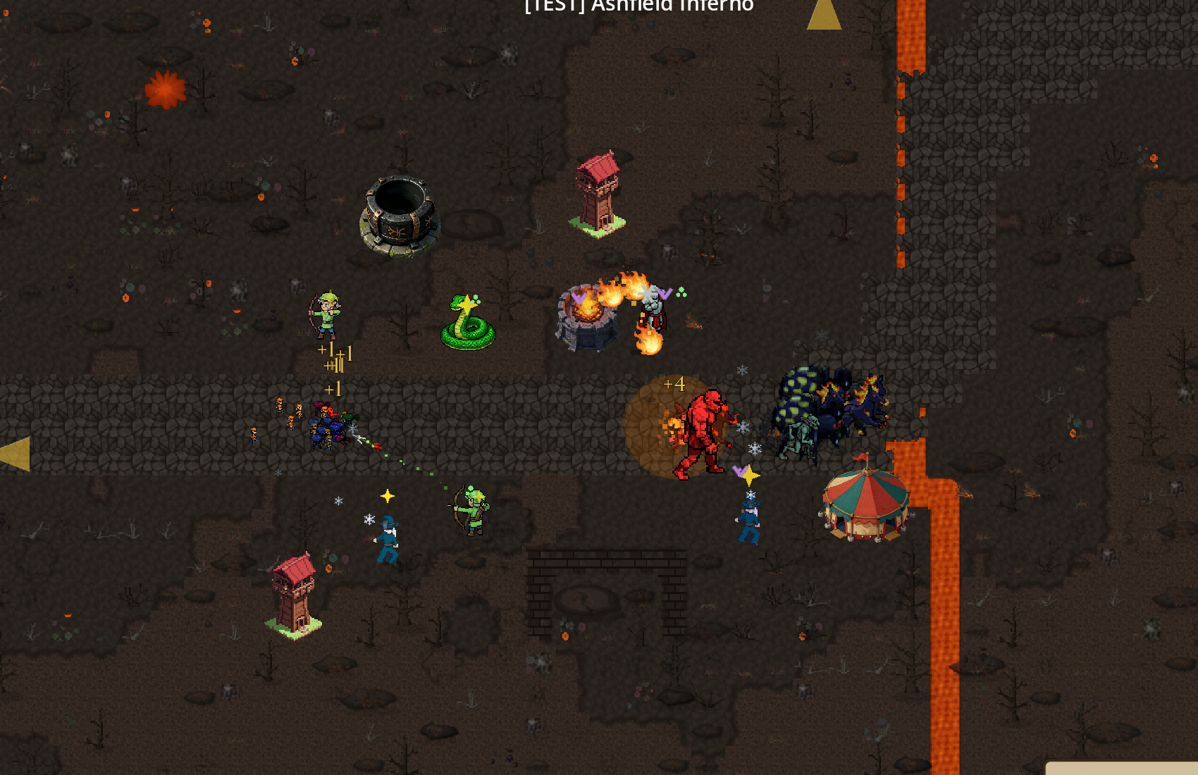 Ashfield Inferno — multiple wardens firing simultaneously with fire, ice, and gold sparkle particle effects visible