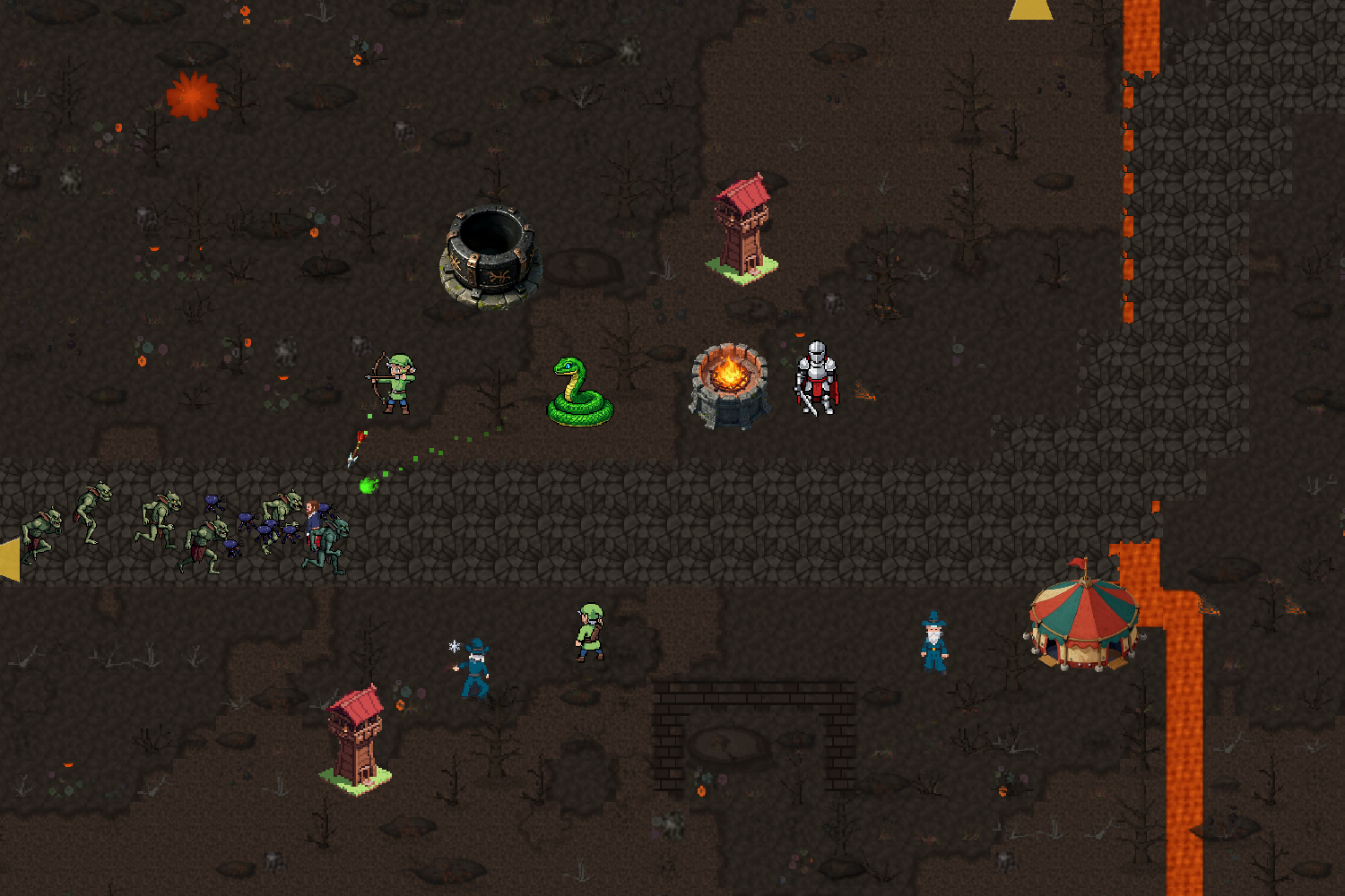 Multiple warden types deployed on volcanic terrain with green poison projectile and fire effects
