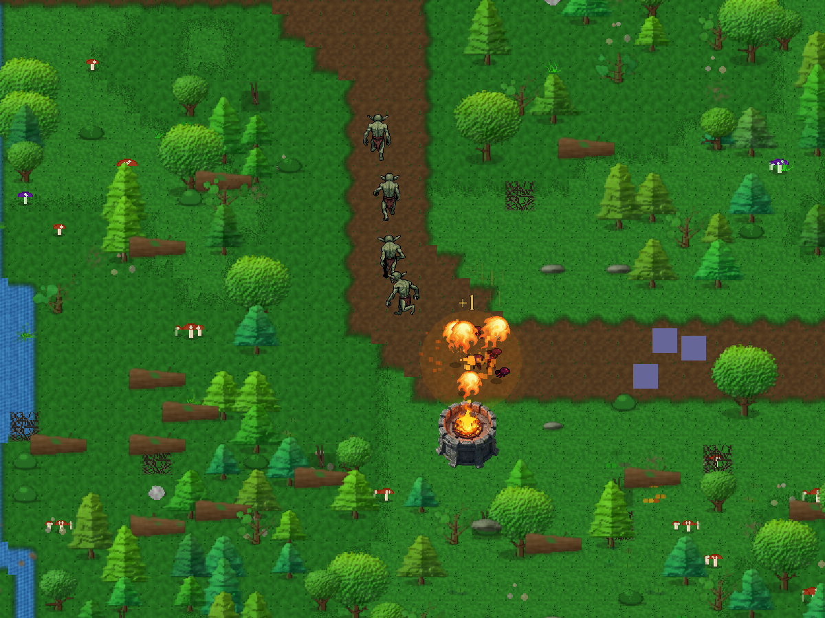 Bombard tower firing with explosion impact on a Deep Forest path, enemies approaching