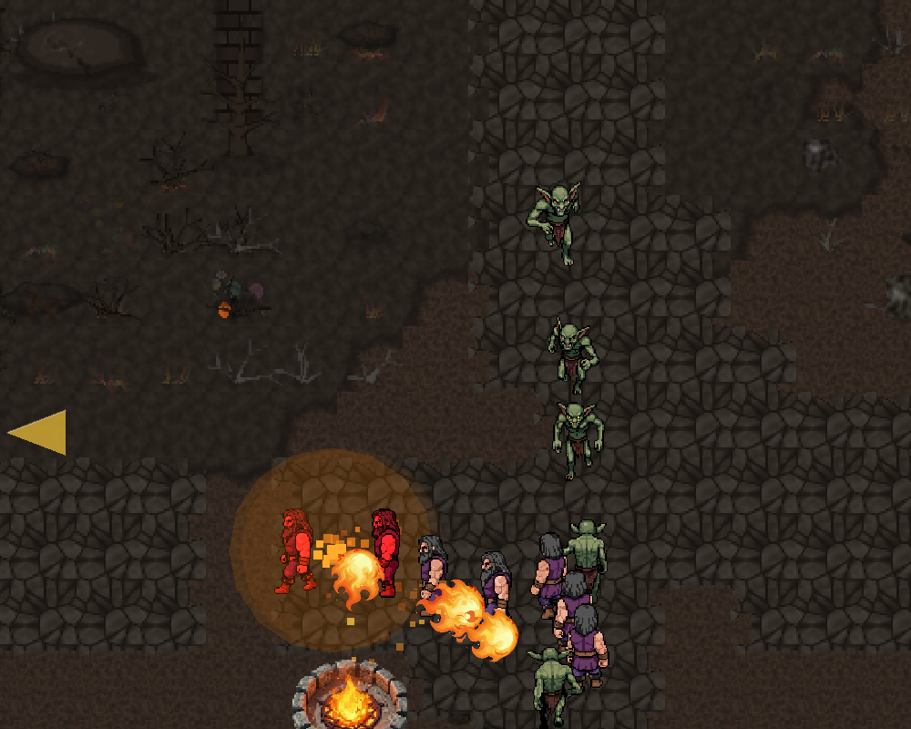 Fire tower with fireball projectiles hitting an enemy column on volcanic terrain