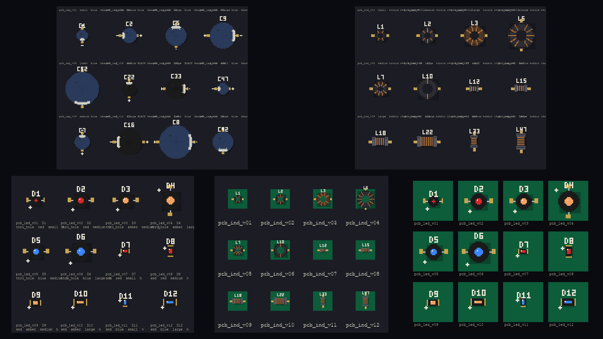 Examples of generated PCB assets — sprite-sheet contacts and level-scale views