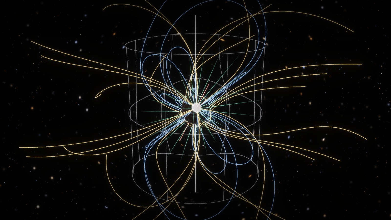 A neutron star at the centre of its magnetic field: blue loops close back onto the star, gold lines reach outward and sweep back, a faint grey cylinder surrounds it, and green lines fan out from the poles
