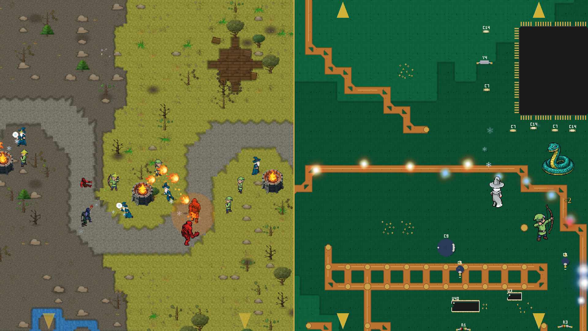 Side-by-side: a Steppes level (left) and a PCB level (right)