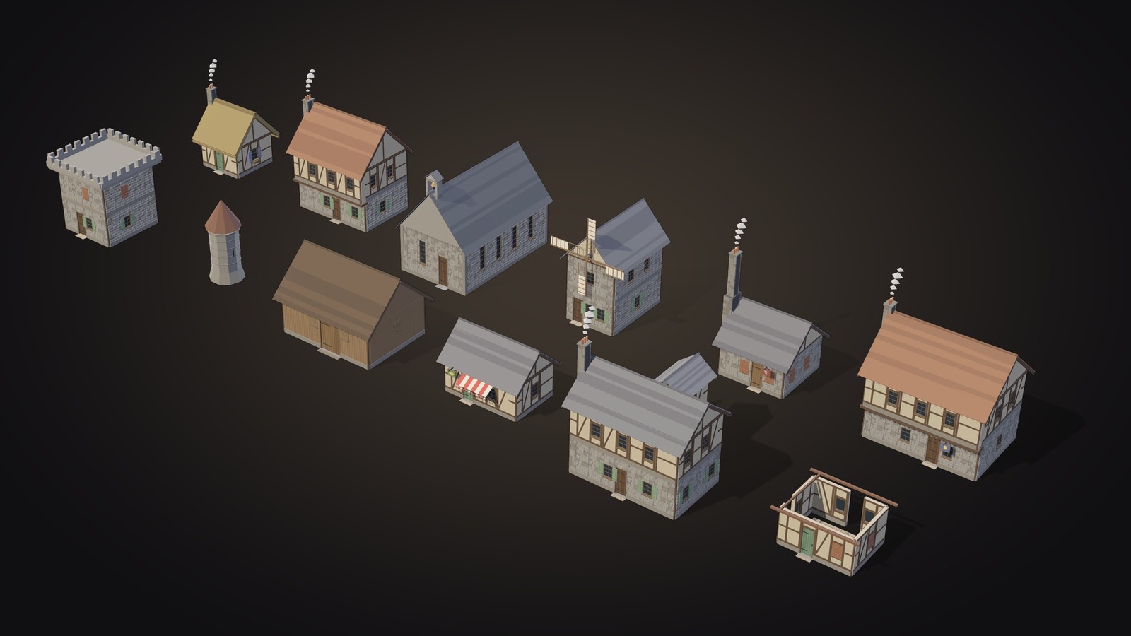 Twelve generated buildings at true scale, including a guardhouse, cottage, chapel, tower, barn, windmill, smithy, inn and a ruined house