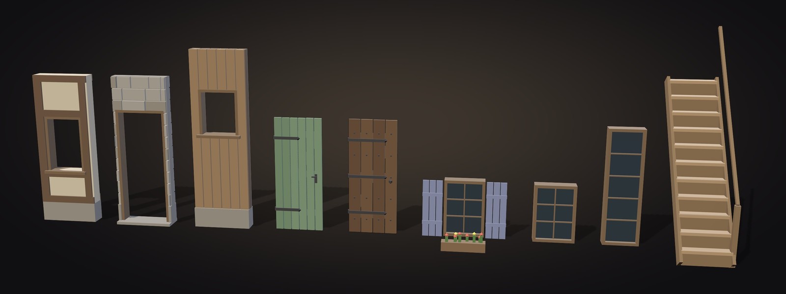 A row of generated building components: door frames, wall panels, doors, shuttered windows and a staircase