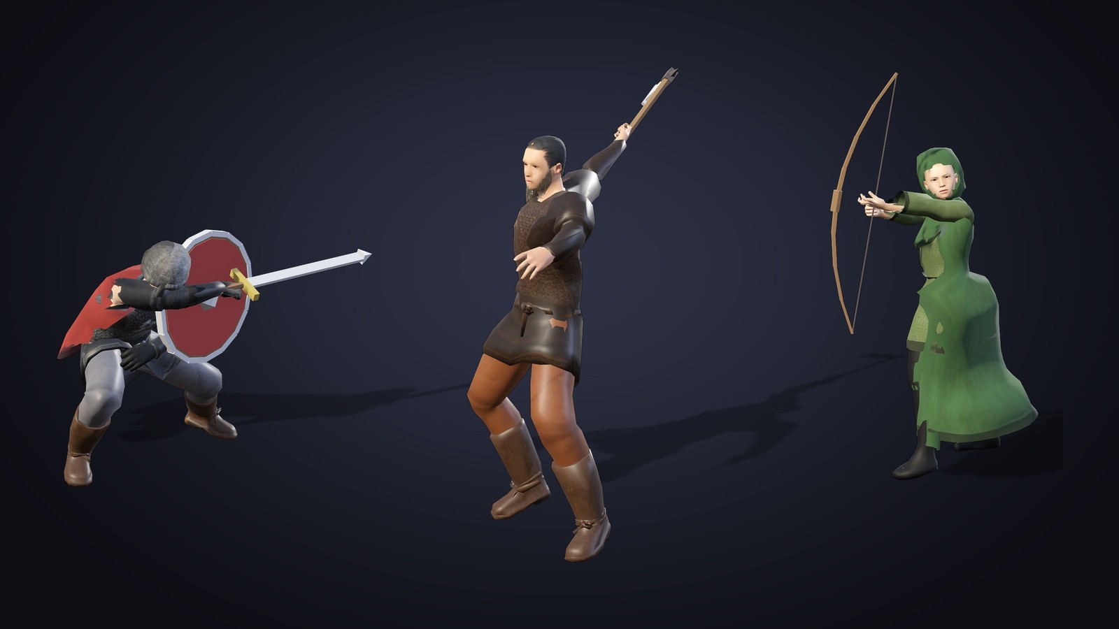 Three generated fighters in action: a mailed swordsman with a shield, a bearded axeman and a hooded archer drawing a bow
