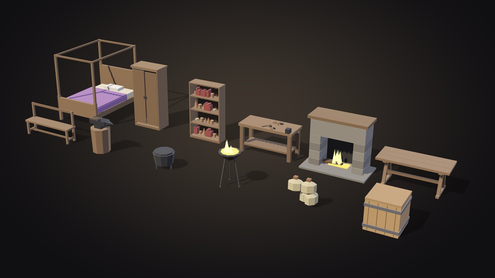 Generated furniture: a four-poster bed, wardrobe, bookshelf, workbench, cauldron, brazier, hearth, bench and table