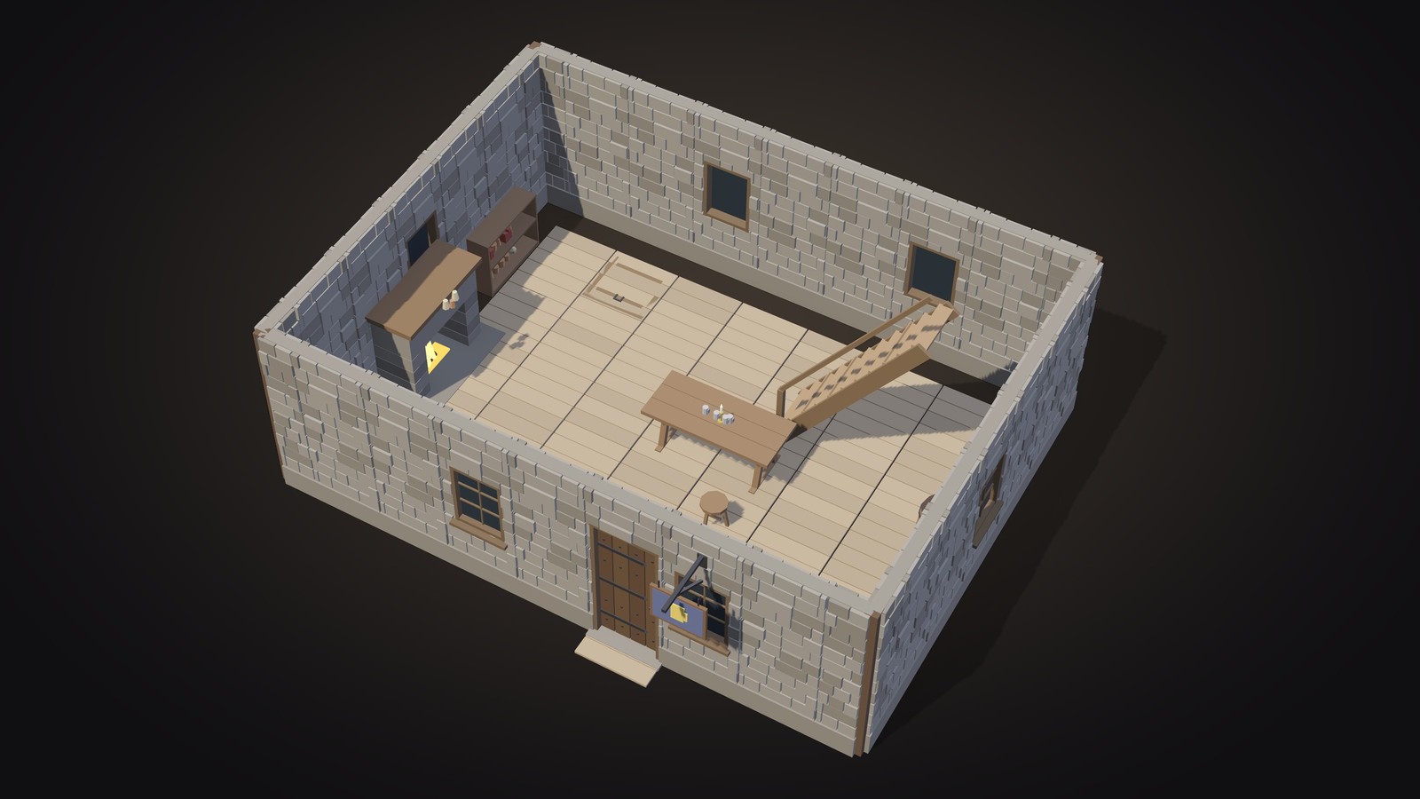 The inn's stone ground floor from above: hearth, bar, stairs and a cellar hatch