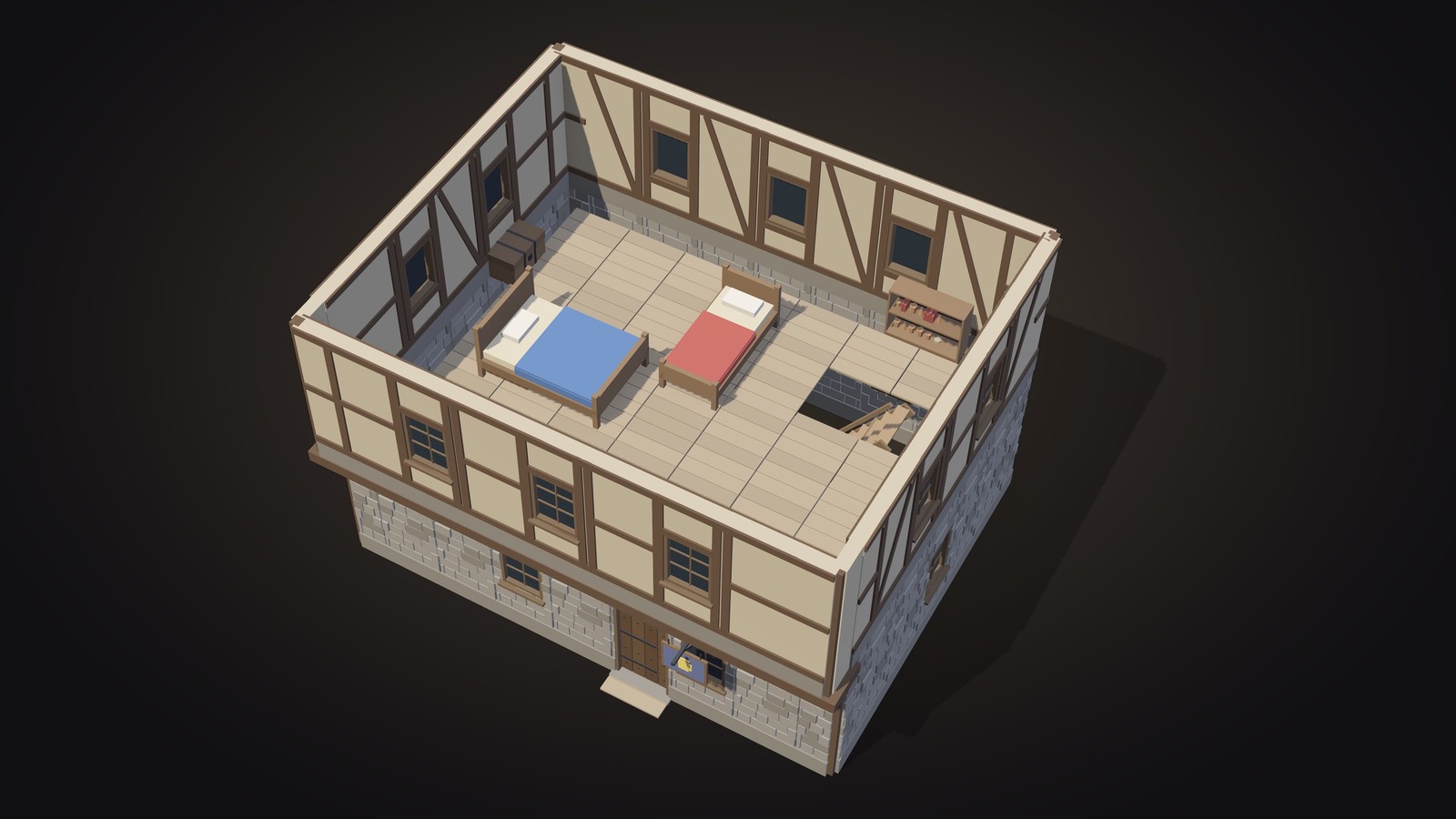 A timber-framed inn with its roof removed: an upper floor with two beds, a chest, shelves and a stair opening