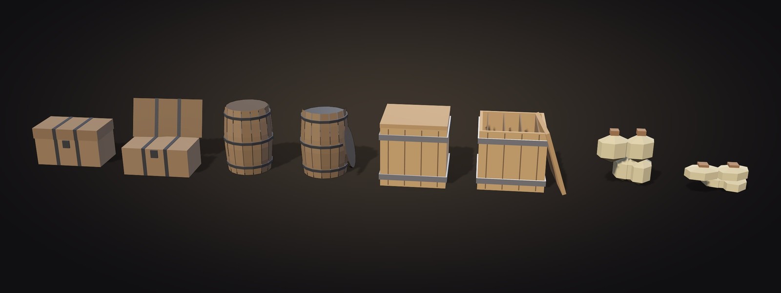Crates, barrels, chests and sacks, each shown closed and then looted