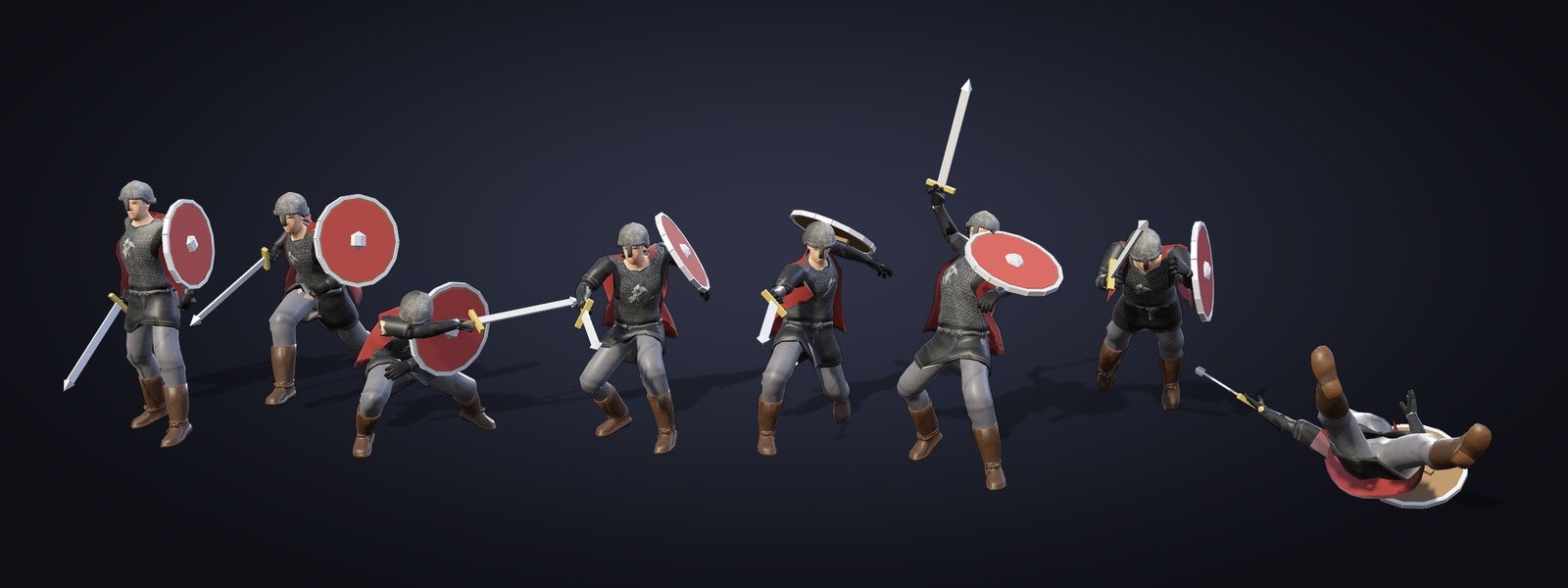 The same armoured character in eight poses: idle, run, thrust, block, cut, throw, roll and fall