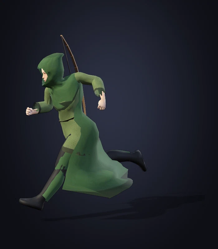 A hooded archer running, the cloak flaring behind