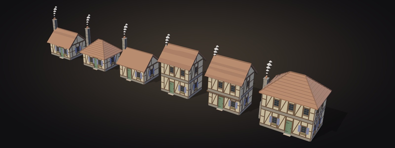 Six generated houses: gable, hip, thatch, two-storey, jettied and wide hip roofs
