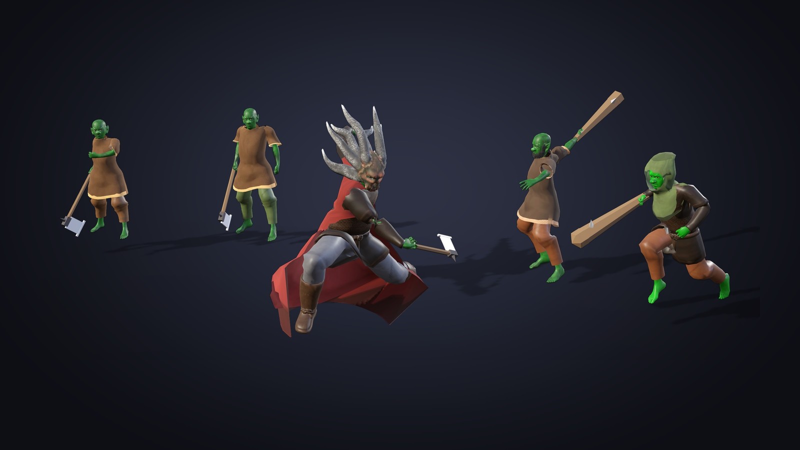Green-skinned hobgoblins with axes and clubs around a horned, red-caped chief mid-swing