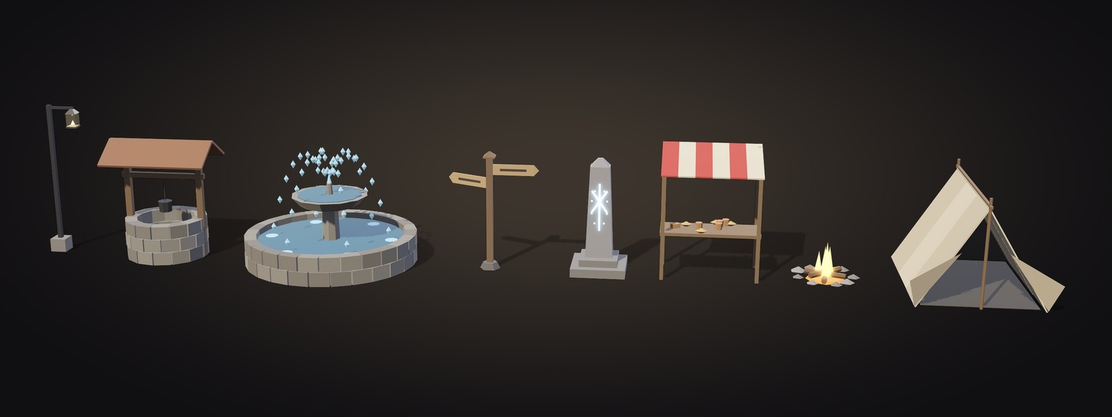 Generated street props: a lamp post, a well, a spraying fountain, a signpost, a glowing waystone, a market stall, a campfire and a tent