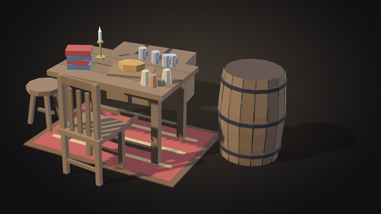 A low-poly supper table on a red rug with a slat chair, stool, candle, bread, tankards, books, jugs and an oak barrel