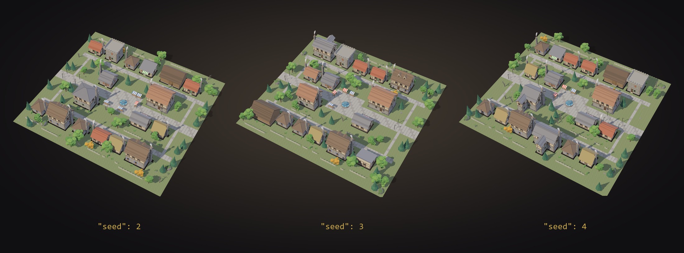 Three different generated towns, labelled seed 2, seed 3 and seed 4