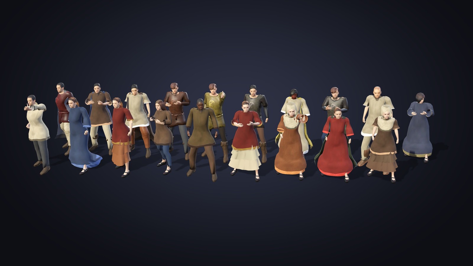 A crowd of generated townsfolk in dyed tunics, robes and kirtles, each with a different body, face and hair
