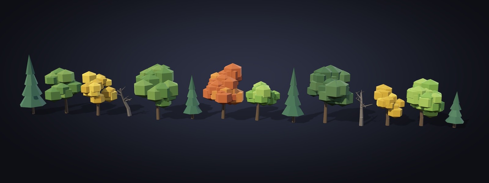 A row of generated trees: oaks in four seasons, pines and bare dead trees