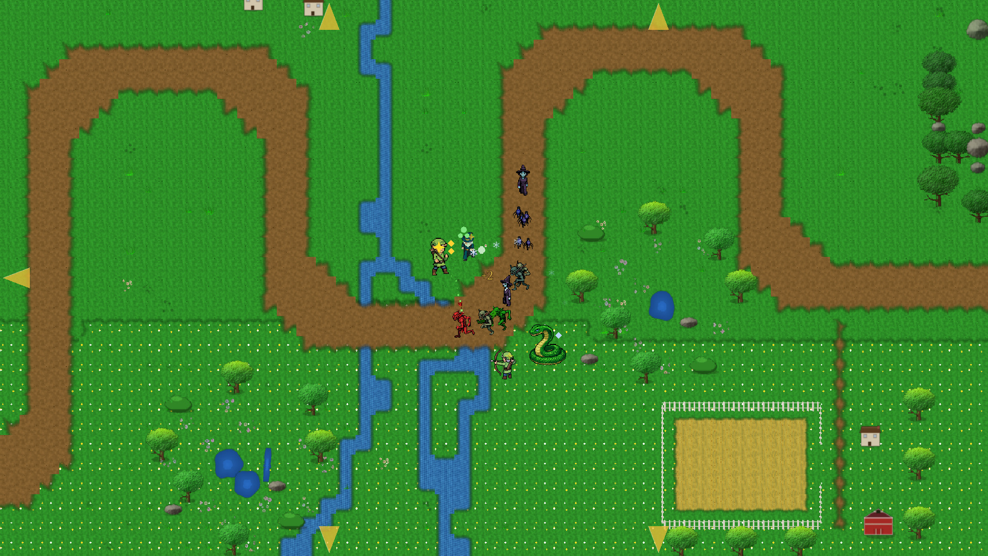 Pastoral meadow — wardens defend a river crossing