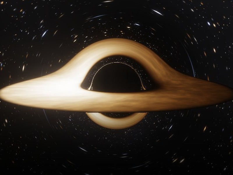 A ray-traced black hole with its accretion disk bent over the shadow by gravity