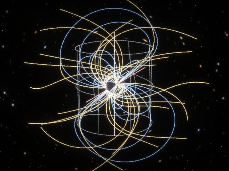 A neutron star with its magnetic field lines and the light cylinder around it