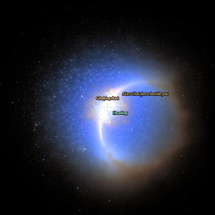 At 99.9%: a bright blue-white glow ahead with an orange band of dust running through it