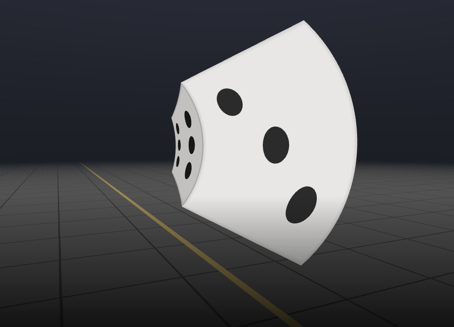 A stretched die approaching, showing its six-pip back face