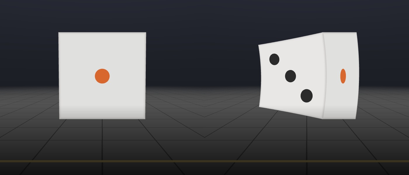 Two dice above a tiled floor. Left, at an everyday speed, facing the camera with one red pip. Right, moving at 90% of light speed: the same size, but it looks turned so its three-pip side faces the camera and the one-pip face is a narrow strip on the right.