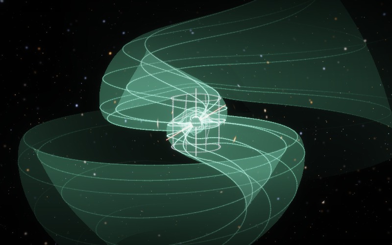The beam's light at one instant: two broad green spiral sheets winding outward from the star far beyond the light cylinder