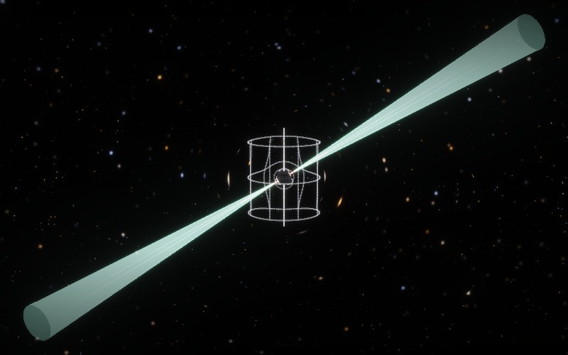 The textbook picture: two narrow, bright, straight beams reaching far out from the star along its magnetic axis