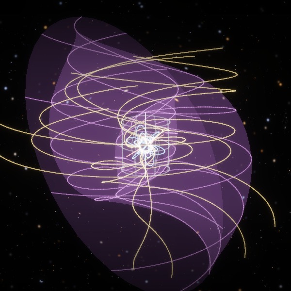 Plasma-filled sketch: closed field lines inside the light cylinder, open spiral lines and a rippled current sheet outside