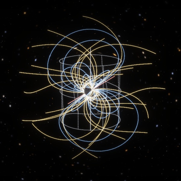 Field lines of a rotating dipole in vacuum, sweeping back into spirals beyond the light cylinder