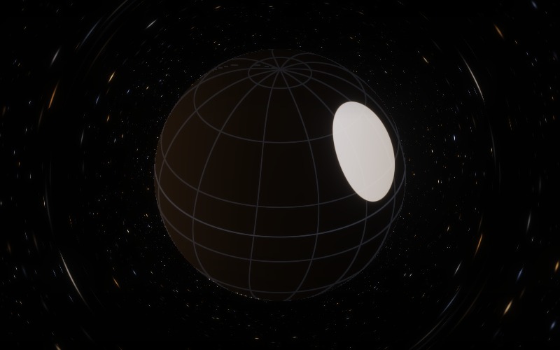 The same star with light bending: the grid wraps further round the edge and more of the far side is visible
