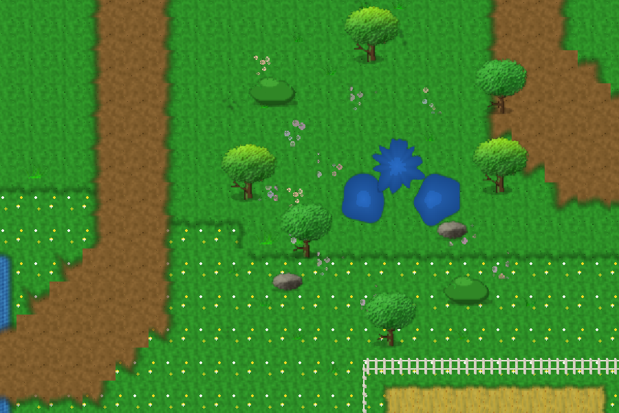In-game terrain showing procedurally generated path tiles, terrain, trees, and water
