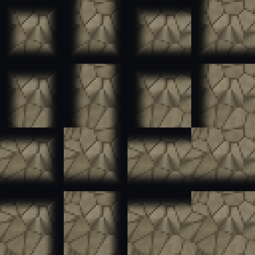 Procedurally generated gravel path tile sheet — 16 autotile variants