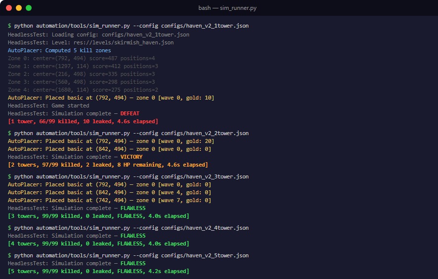Terminal output of the headless test harness: an auto-placer choosing kill zones and the result of each simulated battle
